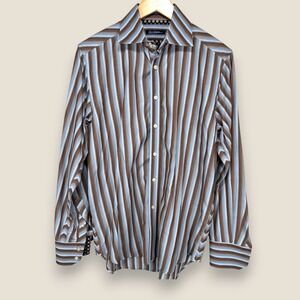 Robert Graham Button Shirt Men‎ Medium Brown Blue Striped Flip Cuff Cotton